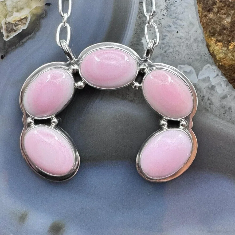 Native American Sterling Silver 5 Oval Pink Conch Naja Pendant W/Chain For Women - Picture 2 of 10